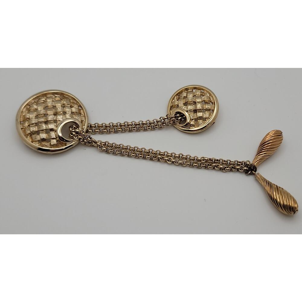 Vintage S Coventry Gold-tone Basketweave Chatelaine Brooch Tear Drop Dangles
